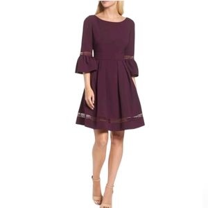 Eliza J Purple Plum Eyelet Lace Trim Bell Sleeve Dress Size 6‎